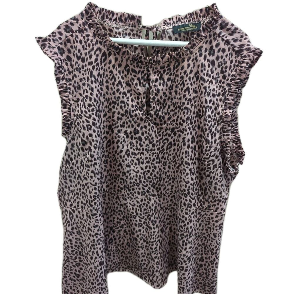 Susan Betro Pink Ruffle Keyhole Open Blouse Tie Cheetah Shirt Women's Size XXL